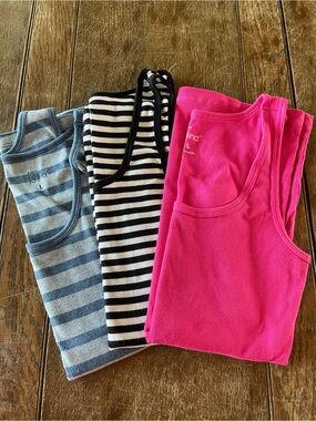 3-Pack Ribbed Tank Tops - Pink, Black & White Stripe, Blue Stripe (Women’s L)